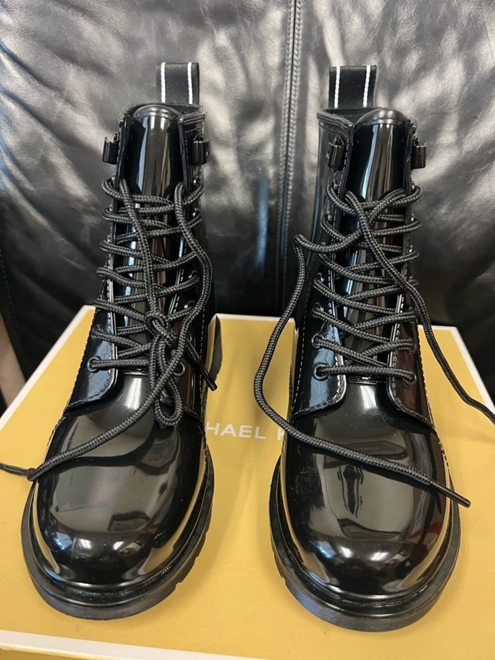 Michael Kors Glossy Black Patent Lace-Up Combat Booties